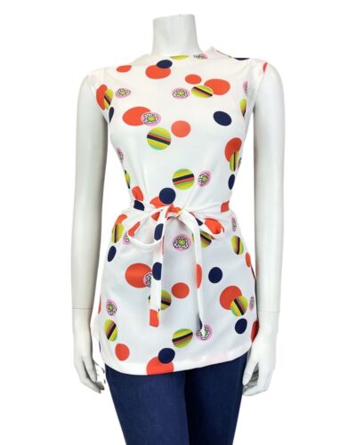 VINTAGE 60s 70s WHITE RED BLUE DOTTY FLORAL MOD BELTED SLEEVELESS TOP 12 14