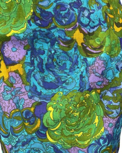 VINTAGE 60s 70s BLUE GREEN YELLOW FLORAL ROSE PSYCHEDELIC SLEEVELESS DRESS 14 16