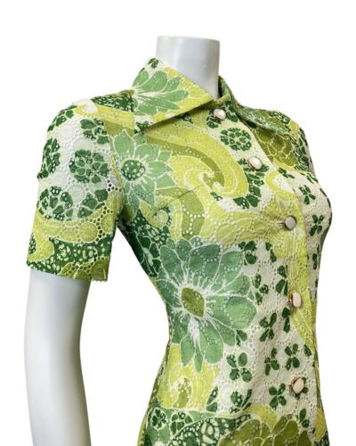 VTG 70s 90s GREEN YELLOW WHITE ANGALISE LACE FLORAL MOD DAGGER SHIRT DRESS 8 10
