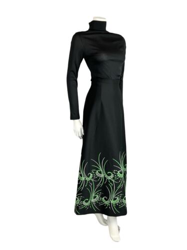 VTG 70S BLACK GREEN SILVER ABSTRACT PSYCHEDELIC EMBROIDERY PARTY MAXI SKIRT 12