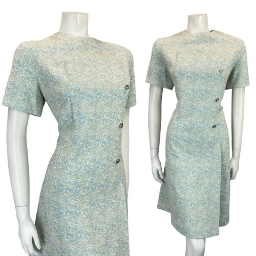 VTG 60S BLUE WHITE GOLD SWIRLY SPARKLY MOD DIAMANTE PARTY SHIFT DRESS 14 16