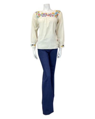 VINTAGE 60s 70s CREAM RED YELLOW FLORAL EMBROIDERED BOHO FOLK BLOUSE 10 12