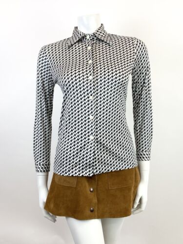 VTG 60s 70s BLACK WHITE BASKETWEAVE GEOMETRIC OP-ART DAGGER SHIRT BLOUSE 8 10