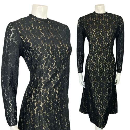 VTG 60S 70S BLACK EVENING LACE HANDMADE LONG SLEEVE PARTY MIDI DRESS 10 12