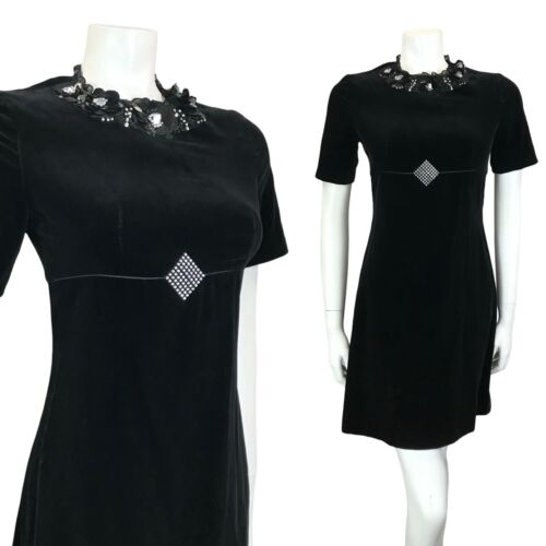 VTG 60S MOD EMPIRE LINE BLACK VELVET SEQUIN DIAMANTE FLOWER BEADED MINI DRESS 6
