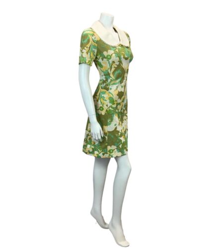 VINTAGE 60s 70s OLIVE GREEN TURQUOISE ORANGE FLORAL PRINT MINI DRESS 8 10