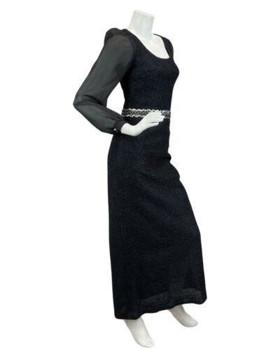 VINTAGE 60s 70s BLACK MIDNIGHT BLUE SPARKLY SEQUIN PARTY DISCO MAXI DRESS 8