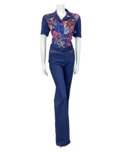 VINTAGE 60s 70s BLUE ORANGE PINK PSYCHEDELIC FLORAL DAGGER CROPPED BLOUSE 16