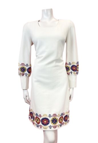VINTAGE 60s 70s WHITE RED BLUE YELLOW EMBROIDERED MOD BISHOP SLEEVE DRESS 12 14