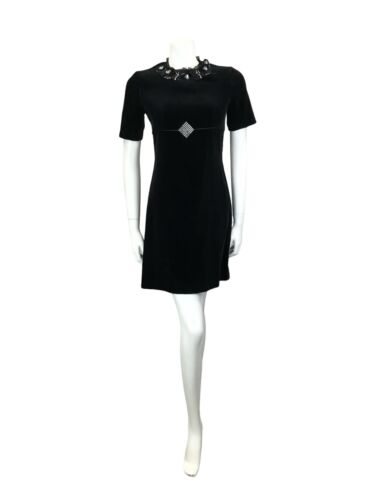 VTG 60S MOD EMPIRE LINE BLACK VELVET SEQUIN DIAMANTE FLOWER BEADED MINI DRESS 6