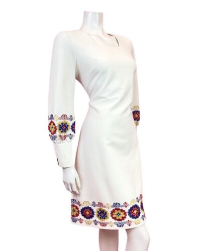 VINTAGE 60s 70s WHITE RED BLUE YELLOW EMBROIDERED MOD BISHOP SLEEVE DRESS 12 14