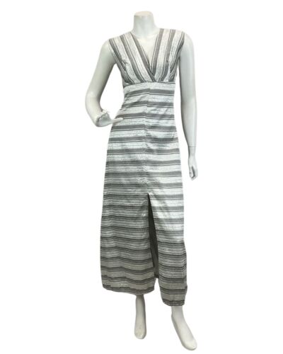 VINTAGE 60s 70s SILVER PLUNGE NECK DISCO PARTY EVENING MAXI DRESS 8 10