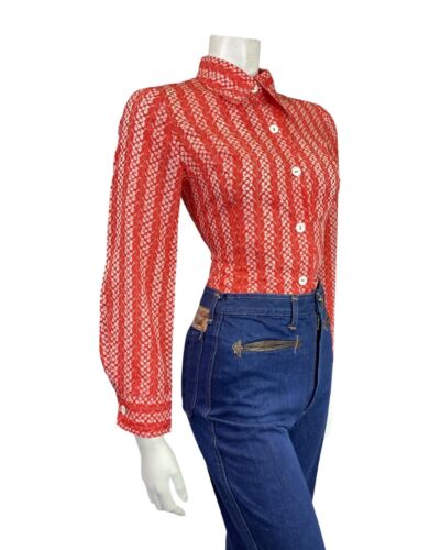 VINTAGE 60s 70s RED WHITE FLORAL DOTTY STRIPED MOD DAGGER BLOUSE SHIRT 10