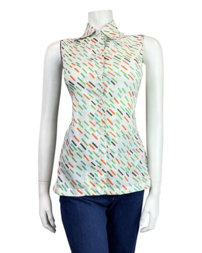 VINTAGE 60s 70s WHITE GREEN ORANGE DASH MOD SLEEVELESS DAGGER COLLAR BLOUSE 8