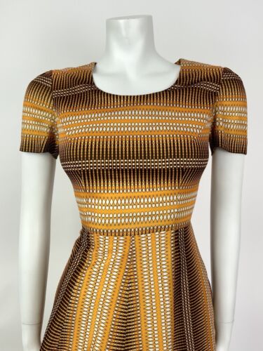 VINTAGE 60s 70s ORANGE BROWN WHITE GEOMETRIC STRIPED MOD FIT AND FLARE DRESS 10