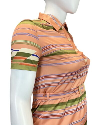 VINTAGE 60s 70s ORANGE GREEN RED STRIPED BELTED MOD SHIRT DRESS 14 16