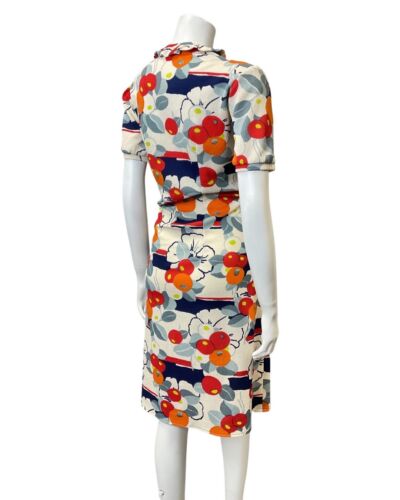 VINTAGE 60s 70s WHITE RED BLUE BERRY FLORAL RUFFLE MOD SHORTSLEEVE DRESS 16 18