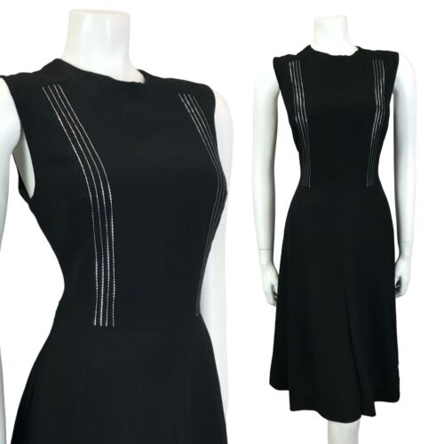 VTG 60S MOD BLACK METALLIC SILVER STRIPED SLEEVELESS MIDI PARTY LBD DRESS 14