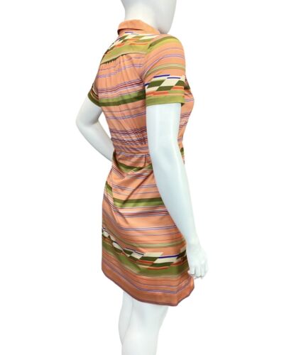 VINTAGE 60s 70s ORANGE GREEN RED STRIPED BELTED MOD SHIRT DRESS 14 16