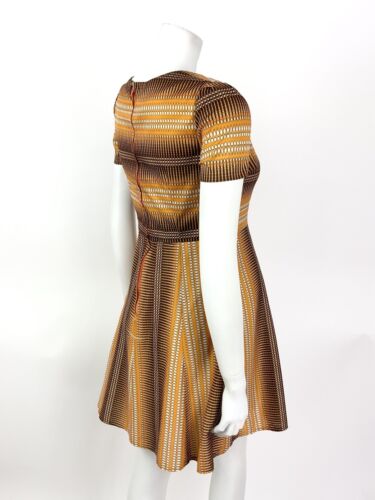 VINTAGE 60s 70s ORANGE BROWN WHITE GEOMETRIC STRIPED MOD FIT AND FLARE DRESS 10