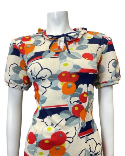 VINTAGE 60s 70s WHITE RED BLUE BERRY FLORAL RUFFLE MOD SHORTSLEEVE DRESS 16 18