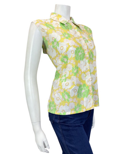 VINTAGE 60s 70s YELLOW WHITE GREEN FLORAL SLEEVELESS SHIRT BLOUSE 16 18