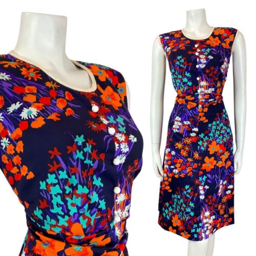 VINTAGE 60s 70s PURPLE ORANGE TEAL FLORAL MOD SLEEVELESS DRESS 12 14