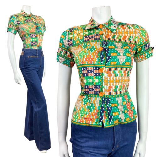 VINTAGE 60s 70s GREEN ORANGE BLUE GEOMETRIC MOD DAGGER COLLAR SHIRT 8 10