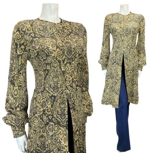 VTG 60S BLACK GOLD PSYCHEDELIC PAISLEY DIAMANTE BISHOP SLEEVE TUNIC PARTY TOP 10