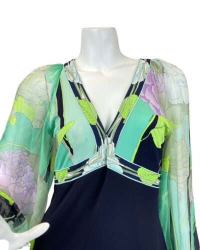 VINTAGE 60s 70s BLACK GREEN LILAC FLORAL SHEER SILK LEONARD MAXI DRESS 8 10