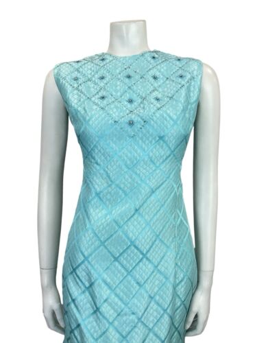 VTG 60S MOD GOGO SHIMMERY BLUE GRIDDED BROCADE BEADED PARTY WIGGLE MINI DRESS 12