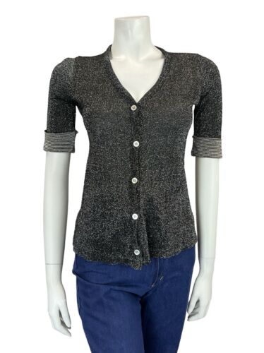 VTG BLACK WHITE DISCO MOD LUREX PARTY STRIPED CUFF BUTTON DOWN CARDIGAN TOP 6