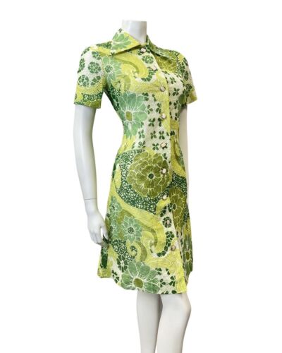 VTG 70s 90s GREEN YELLOW WHITE ANGALISE LACE FLORAL MOD DAGGER SHIRT DRESS 8 10
