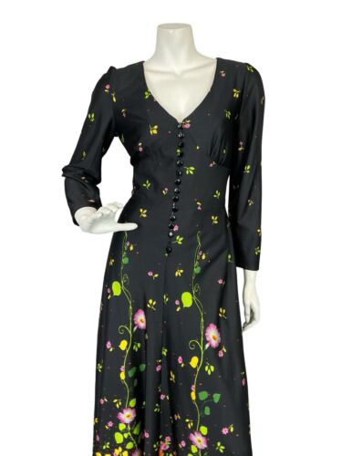 VTG 70S BLACK GREEN PINK ORANGE FLORAL PLUNGING NECK BUTTON UP MAXI DRESS 10 12