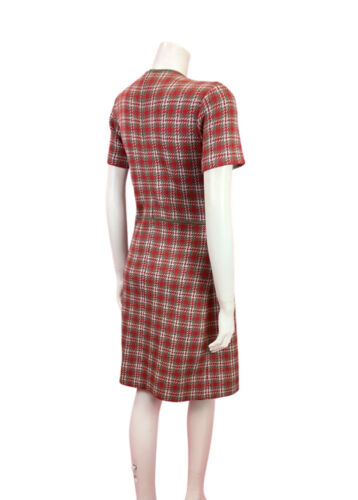 VINTAGE 60s 70s RED GREY WHITE PLAID CHECKED MOD PLEATED WOOL DRESS 10 12