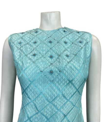 VTG 60S MOD GOGO SHIMMERY BLUE GRIDDED BROCADE BEADED PARTY WIGGLE MINI DRESS 12