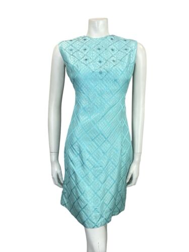 VTG 60S MOD GOGO SHIMMERY BLUE GRIDDED BROCADE BEADED PARTY WIGGLE MINI DRESS 12