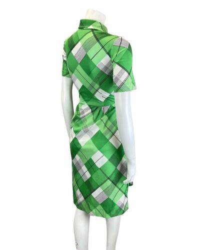 VINTAGE 60s 70s GREEN WHITE BLACK PLAID CHECKED MOD DAGGER SHIRT DRESS 8 10