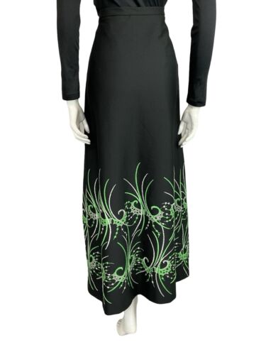 VTG 70S BLACK GREEN SILVER ABSTRACT PSYCHEDELIC EMBROIDERY PARTY MAXI SKIRT 12