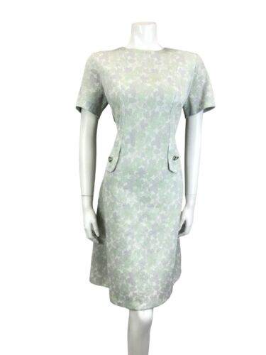 VTG 60S MOD GOGO MINT GREEN GREY WHITE SPARKLY LUREX LEAF PARTY SHIFT DRESS 12