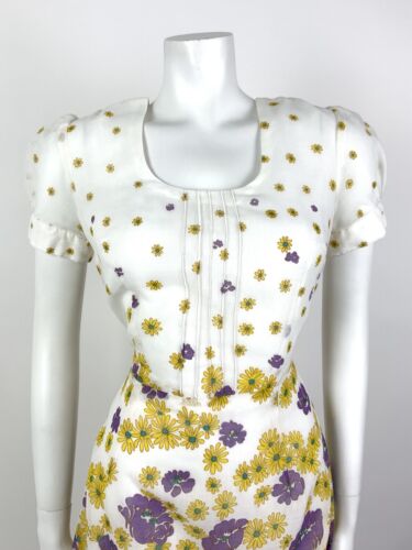 VINTAGE 60s 70s WHITE YELLOW PURPLE FLORAL DAISY SHEER PUFF SLEEVE MOD DRESS 10