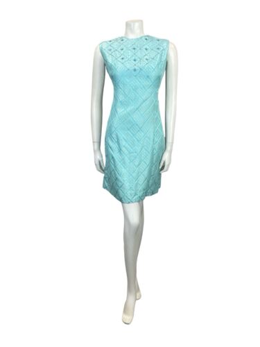 VTG 60S MOD GOGO SHIMMERY BLUE GRIDDED BROCADE BEADED PARTY WIGGLE MINI DRESS 12