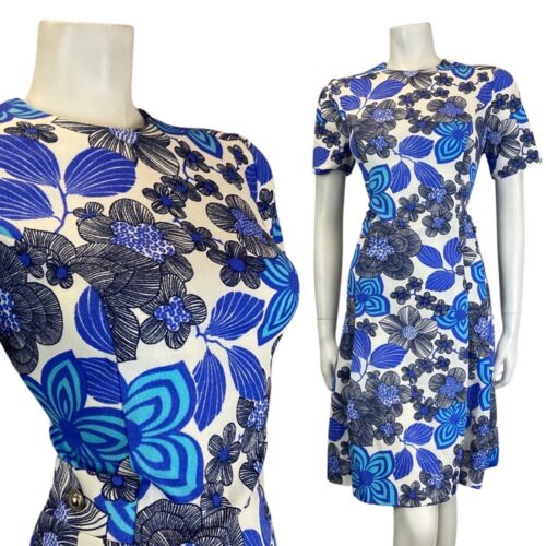 VINTAGE 60s 70s BLUE BLACK WHITE PSYCHEDELIC FLORAL SHORT SLEEVE MOD DRESS 12