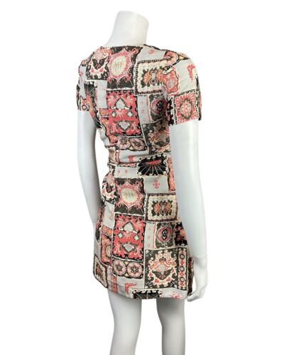 VINTAGE 60s 70s GREY BLACK RED PATCHWORK PSYCHEDELIC PAISLEY FLORAL MOD DRESS 10