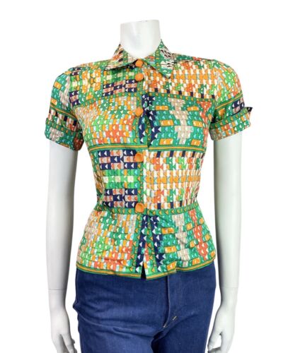VINTAGE 60s 70s GREEN ORANGE BLUE GEOMETRIC MOD DAGGER COLLAR SHIRT 8 10