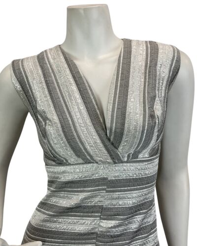 VINTAGE 60s 70s SILVER PLUNGE NECK DISCO PARTY EVENING MAXI DRESS 8 10