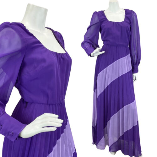 VINTAGE 60s 70s PURPLE LILAC PLEATED SHEER SLEEVE DISCO BOHO FOLK MAXI DRESS 8