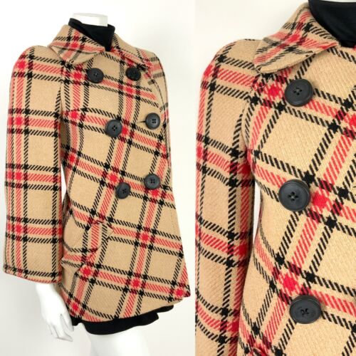 VINTAGE 60s 70s BEIGE BLACK RED PLAID CHECKERED SWING COAT 8 10