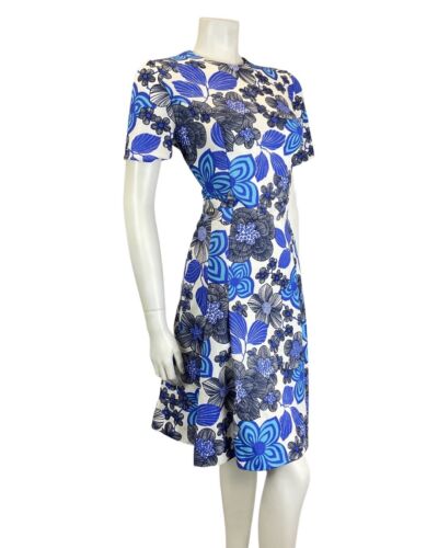 VINTAGE 60s 70s BLUE BLACK WHITE PSYCHEDELIC FLORAL SHORT SLEEVE MOD DRESS 12