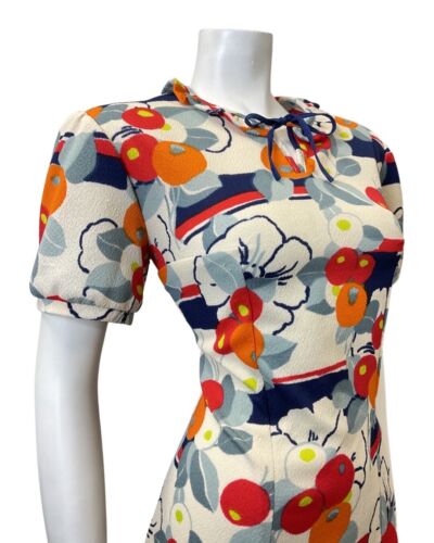 VINTAGE 60s 70s WHITE RED BLUE BERRY FLORAL RUFFLE MOD SHORTSLEEVE DRESS 16 18